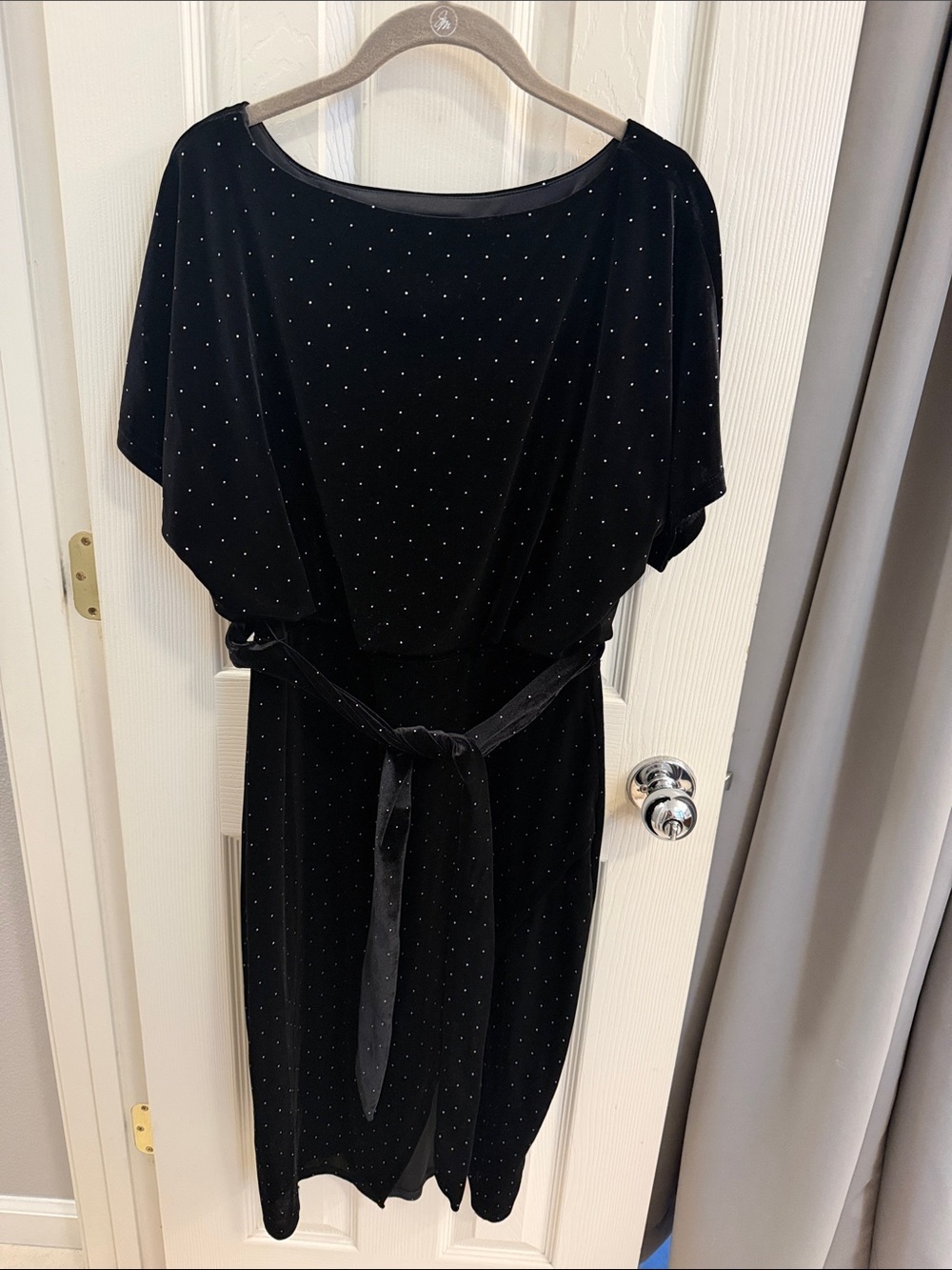 Kensie Black Velvet Midi Dress with Subtle Silver Dot Detail and Waist Tie